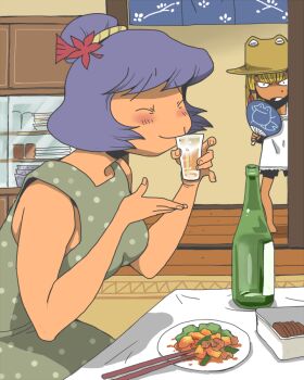 2girls alcohol alternate_costume bento blonde_hair blush bottle brown_hat chopsticks closed_eyes closed_mouth commentary_request dress drinking fanning_self frown full_body green_dress hair_bun hair_ornament hand_fan hat indoors leaf_hair_ornament looking_at_another moriya_suwako multiple_girls onikobe_rin open_mouth plate polka_dot polka_dot_dress purple_hair sake sake_bottle shaded_face short_hair shouwa single_hair_bun smile standing summer sundress touhou yasaka_kanako