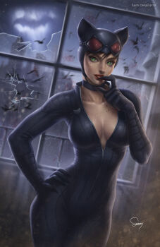 1girl animal_ears bat_(animal) bat_signal batman_(series) bodysuit breasts broken_glass brown_hair building cat_ears catwoman cleavage collarbone contrapposto cowboy_shot dc_comics fake_animal_ears female_focus glass goggles goggles_on_head green_eyes hand_on_own_hip highres large_breasts sam_delatore selina_kyle signature solo standing tongue tongue_out window