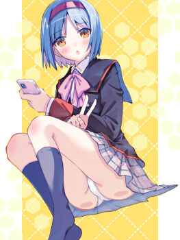 1girl akayama_yukihe ass black_jacket black_socks blue_hair blush bow bowtie brown_eyes cameltoe chestnut_mouth collared_shirt commentary_request dutch_angle eyes_visible_through_hair from_below full_body grey_skirt hairband highres jacket kneehighs knees_up legs little_busters! little_busters!_school_uniform long_sleeves looking_at_viewer medium_hair miniskirt nishizono_mio no_shoes open_mouth panties parted_bangs pink_bow pink_bowtie plaid_clothes plaid_skirt pleated_skirt red_hairband school_uniform shirt simple_background sitting skirt socks solo thighs underwear upskirt v white_panties white_shirt yellow_background