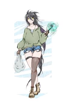 1girl absurdres ahoge animal_ears bag bare_shoulders black_choker black_hair blue_shorts boots brown_boots brown_gloves brown_thighhighs camisole choker fingerless_gloves gloves green_sweater hair_between_eyes hand_up highres holding holding_bag holding_torch horse_ears horse_girl horse_tail long_bangs long_hair long_hair_between_eyes long_sleeves manhattan_cafe_(umamusume) off_shoulder plastic_bag serviper short_shorts shorts single_thighhigh skindentation smoke solo sweater tail thigh_strap thighhighs torch umamusume very_long_hair white_camisole yellow_eyes