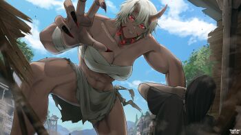 1girl 1other 2022 abs amulet arm_wrap biceps black_hair blonde_hair breasts broken_horn chest_sarashi claws cowering dark-skinned_female dark_skin debris destruction dust english_text evil_grin evil_smile eyebrows_hidden_by_hair facepaint facial_mark fingernails from_below giant giantess glowing glowing_eyes grin horns jewelry leaning_forward light_particles loincloth looking_at_another looking_down magatama magatama_necklace medium_hair midriff monster_girl muscular muscular_female necklace on_one_knee oni oni_horns open_hand original outdoors pendant rags reaching red_eyes ruins sarashi scared sharp_fingernails sharp_teeth short_hair side-tie_skirt signature smile sunsirou teeth town tree watermark white_hair
