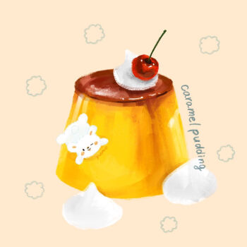 1other blush_stickers brown_background cherry commentary_request food fruit one_eye_closed open_mouth original pudding signature simple_background undersized_animal whipped_cream yuno_(yumonoie)