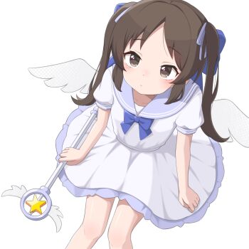 1girl absurdres angel_wings blue_bow blue_bowtie blue_sailor_collar blush bow bowtie brown_eyes brown_hair closed_mouth commentary cosplay dot_nose hair_bow hair_ribbon highres holding holding_wand idolmaster idolmaster_cinderella_girls idolmaster_cinderella_girls_u149 magical_girl mooramango purple_ribbon ribbon sailor_collar shirt short_sleeves sitting skirt solo solo_focus tachibana_arisu thighs twintails wand white_background white_shirt white_skirt wings