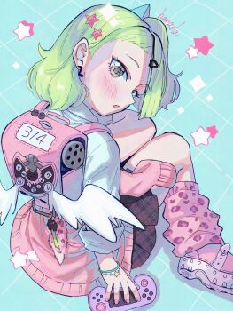1girl adapted_costume artist_name blue_background blush bracelet checkered_background chinatsu_remiel clothes_around_waist commentary_request earrings from_side green_eyes green_hair hair_ornament hairclip hanada_(cobalt003) handheld_game_console heart heart_hair_ornament highres holding holding_handheld_game_console jacket jacket_around_waist jewelry leg_warmers looking_at_viewer looking_back multicolored_eyes musical_note_earrings open_mouth orange_eyes pink_bag pink_jacket pink_leg_warmers pink_nails pink_shoes shoes sitting sleeves_rolled_up solo sparkling_eyes star_(symbol) star_hair_ornament wariza white_hair winged_bag zenless_zone_zero