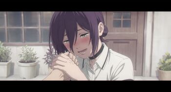 1boy 1girl black_choker chainsaw_man choker close-up commentary crying denji_(chainsaw_man) english_commentary green_eyes hair_bun half-closed_eyes highres holding_hands looking_down muchdoge non-web_source open_mouth purple_hair reze_(chainsaw_man) shirt tearing_up upper_body