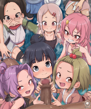 1boy 6+girls age_difference ajisai_(kunoichi_tsubaki_no_mune_no_uchi) ass bare_shoulders benisumomo black_eyes black_hair blush brown_hair censored closed_mouth clothed_female_nude_male collarbone dark-skinned_male dark_skin embarrassed flat_chest handjob highres housenka_(kunoichi_tsubaki_no_mune_no_uchi) kunoichi_tsubaki_no_mune_no_uchi loli long_hair mokuren_(kunoichi_tsubaki_no_mune_no_uchi) mosaic_censoring multiple_girls ninja nude partially_submerged penis pink_hair ponytail pov purple_hair red_eyes sakuran_(ameto) sazanka_(kunoichi_tsubaki_no_mune_no_uchi) sharp_teeth short_hair size_difference smile steaming_body teeth tsubaki_(kunoichi_tsubaki_no_mune_no_uchi) water wrist_guards