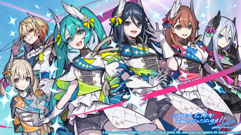 1boy 5girls aqua_eyes aqua_hair arms_behind_back ascot asymmetrical_sleeves azusawa_kohane black_gloves black_hair black_jacket black_shorts blonde_hair blue_eyes bow braid brown_eyes brown_hair closed_mouth commentary_request copyright_notice countdown_illustration cowboy_shot crossed_bangs frilled_jacket frills gloves gradient_bow gradient_hair grey_eyes grey_hair grey_jacket guest_art hair_behind_ear hair_between_eyes hair_bow hair_ornament half-skirt hanasato_minori hand_up hatsune_miku high_collar highres hoshino_ichika_(project_sekai) jacket long_hair long_sidelocks looking_at_viewer medium_hair multicolored_hair multiple_girls official_alternate_costume official_art open_mouth orange_eyes orange_hair pokimari project_sekai puffy_short_sleeves puffy_sleeves second-party_source short_hair short_sleeves short_twintails shorts side_braid sidelocks signature smile sparkle teeth tenma_tsukasa translation_request twintails upper_teeth_only very_long_hair very_short_hair vocaloid white_ascot white_gloves white_jacket wing_hair_ornament yoisaki_kanade