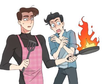 Rule 34 | 2boys, anthony stellar, apron, black hair, black pants, black shirt, blue eyes, blue shirt, brown eyes, brown hair, constricted pupils, cooking, elijah douchnov, fire, frying pan, holding, holding frying pan, male focus, multiple boys, my student spirit, open mouth, pants, pink apron, shaded face, shirt, short hair, simple background, sleeves rolled up, spatula, surprised, sweatdrop, white background, yy20251111