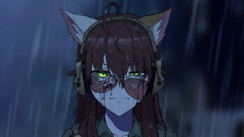 1girl absurdres ahoge animal_ear_fluff animal_ears aviator_sunglasses bags_under_eyes blurry blurry_background broken_eyewear brown_hair cat_ears chainsaw_man character_request close-up closed_mouth collarbone commentary commission dirty dirty_face english_commentary eye_twitch frown grey_shirt half-closed_eye headset highres klamol long_hair makeup night original rain reze's_eye_twitch_(chainsaw_man) runny_makeup scene_reference shirt sidelocks solo storm straight-on sunglasses water_drop wet wet_face wet_hair yellow_eyes