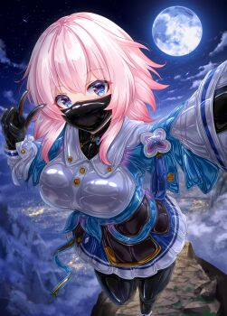 1girl black_gloves black_leggings black_mask blue_eyes blue_jacket blue_skirt breasts cloud commentary_request fog full_body full_moon gloves gradient_eyes highres honkai:_star_rail honkai_(series) jacket latex latex_gloves latex_legwear latex_mask leggings long_sleeves march_7th_(honkai:_star_rail) march_7th_(preservation)_(honkai:_star_rail) mask medium_breasts medium_hair moon mountain mouth_mask multicolored_eyes night outdoors pale_skin pink_eyes pink_hair pink_jacket pleated_skirt reaching reaching_towards_viewer riretsuto selfie shirt skirt smile solo standing standing_on_one_leg tied_jacket v white_shirt