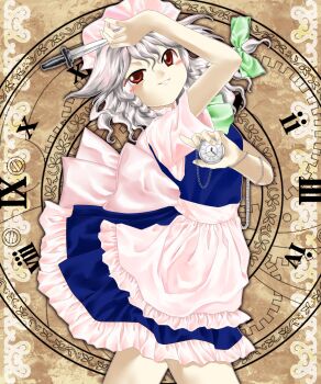 1girl apron arched_back arm_up back_bow blue_dress blush bow braid braided_sidelocks brown_background chain cowboy_shot dial dress frilled_dress frills green_bow grey_hair hair_bow head_tilt highres holding holding_knife holding_pocket_watch izayoi_sakuya knife looking_at_viewer low-tied_sidelocks maid maid_apron maid_headdress medium_hair parted_lips pocket_watch red_eyes roman_numeral short_sleeves sidelocks smile solnpass solo touhou watch white_bow white_sleeves zun_(style)