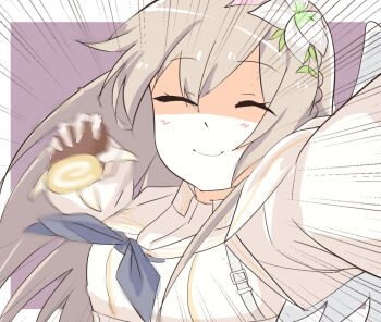 1girl ^_^ angel_wings blue_archive brown_hair cake closed_eyes commentary english_commentary feathered_wings flower food hair_between_eyes hair_flower hair_ornament holding holding_food incoming_attack long_hair long_sleeves looking_at_viewer meme mixed-language_commentary motion_blur motion_lines nagisa_(blue_archive) pov school_uniform serafuku shaded_face shoulder_strap shoving sidelocks simple_background smile solo swiss_roll synzmayu two-tone_background white_wings wings