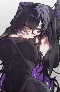 1girl absurdres arm_behind_head armpits arms_up black-framed_eyewear black_cardigan black_dress black_hair breasts cardigan cleavage closed_eyes colored_inner_hair commentary covered_navel dress glasses goddess_of_victory:_nikke grey_background hair_intakes hair_over_shoulder highres huge_breasts its2h35 label_(nikke) long_hair messy_hair mojyo mole mole_on_breast multicolored_hair multiple_moles open_mouth pale_skin purple_hair simple_background sleeveless sleeveless_dress solo steaming_body stretching sweat two-tone_hair very_long_hair