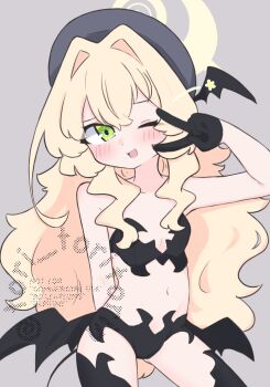 1girl ;d bare_arms bare_shoulders beret black_gloves black_thighhighs black_wings blonde_hair blue_archive blush breasts demon_girl demon_tail demon_wings gloves green_eyes grey_background grey_hat hair_between_eyes hair_intakes half_gloves hand_up hat highres kujou_karasuma loli long_hair low_wings nakano_yotsuba navel one_eye_closed open_mouth revealing_clothes simple_background small_breasts smile solo tail thighhighs v v_over_eye very_long_hair watermark wings