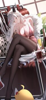 1girl absurdres aegir_(azur_lane) aegir_(one-on-one_leisure_time)_(azur_lane) ahoge azur_lane backward-facing_horns bare_shoulders black_horns black_thighhighs breasts brown_coat champagne_bottle champagne_flute cleavage closed_mouth coat coffee_mug collarbone commentary couch crossed_legs cup day dragon_girl dragon_horns drawn_heart drawn_whiskers dress drinking_glass dutch_angle earrings eyes_visible_through_hair fine_fabric_emphasis fur-trimmed_coat fur_trim glass_table glint hair_between_eyes halter_dress halterneck head_tilt high_heels highres horns indoors jewelry kyky_(-kyky) large_breasts legs long_hair long_legs magazine_(object) manjuu_(azur_lane) mug multicolored_hair off_shoulder official_alternate_costume on_couch pink_dress plant red_streaks round_table shirt shoes sideboob sideless_dress sidelocks single_shoe smile spoon streaked_hair swept_bangs table thighhighs thighs very_long_hair white_shirt yellow_eyes