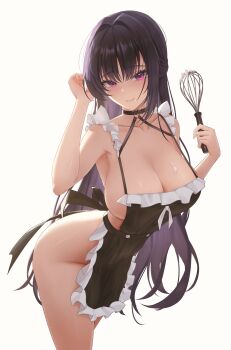 1girl absurdres apron blush breasts cleavage closed_mouth collarbone commentary cream_on_breasts english_commentary goddess_of_victory:_nikke groin hair_intakes hand_up highres holding holding_whisk large_breasts leaning_forward long_hair looking_at_viewer mihara_(nikke) naked_apron purple_eyes purple_hair raidriar_18 simple_background smile solo thighs very_long_hair whisk white_background