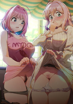 2girls absurdres ahoge amatsu_amaguri bar_censor blood breasts censored clothes_lift colored_pubic_hair dress dress_lift fang female_pubic_hair groin highres idolmaster idolmaster_cinderella_girls indoors large_breasts lifting_own_clothes looking_at_another looking_at_viewer multiple_girls nosebleed panties panty_pull pink_hair pink_pubic_hair pink_tank_top pubic_hair saionji_kotoka shirt_lift stomach tank_top tears underwear white_dress yumemi_riamu