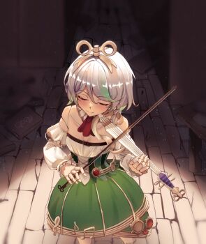 Rule 34 | 1girl, ascot, braid, cecilia immergreen, cecilia immergreen (1st costume), closed eyes, closed mouth, commentary, doll, doll joints, facing viewer, green hair, green skirt, grey hair, hair ornament, holding, holding instrument, hololive, hololive english, indoors, instrument, joints, light particles, multicolored hair, music, playing instrument, pyrokuro, red ascot, shirt, short hair, side braid, single braid, skirt, smile, solo, standing, strapless, strapless shirt, streaked hair, violin, virtual youtuber, white shirt, winding key