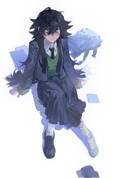 1girl black_hair black_jacket black_necktie black_shoes black_skirt collared_shirt degrees_of_lewdity green_eyes green_vest hanstrmoft highres jacket kylar_(degrees_of_lewdity) kylar_(female)_(degrees_of_lewdity) long_hair long_skirt looking_at_viewer necktie open_clothes open_jacket shirt shoes sitting skirt socks solo vest white_shirt white_socks