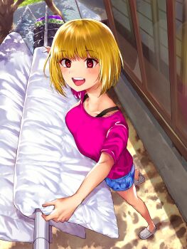 Rule 34 | 1girl, absurdres, blonde hair, blue shorts, bra strap, breasts, commentary request, futon, highres, holding, large breasts, looking at viewer, open mouth, orange eyes, original, outdoors, pink shirt, shirt, short hair, shorts, smile, solo, teeth, upper teeth only, white footwear, yumeno tanuki
