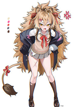 Rule 34 | 1girl, absurdres, anger vein, animal ears, artist name, big hair, black shoes, blonde hair, brown socks, chromatic aberration, color guide, fang, furrowed brow, grey skirt, hair between eyes, hair ornament, hair ribbon, hairclip, hands on own hips, haze (7h4ze), highres, kneehighs, lion ears, lion girl, lion tail, loafers, looking at viewer, messy hair, microskirt, neck ribbon, off shoulder, open mouth, original, photo inset, pleated skirt, red ribbon, reference inset, ribbon, scar, scar on face, scar on leg, shoes, simple background, skirt, socks, solo, spoken anger vein, tail, tail ornament, tail ribbon, torn clothes, torn socks, white background, yellow eyes