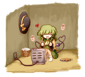 1girl ^_^ black_hat bloomers blush bow buttons cable closed_eyes commentary_request contrast_collar diamond_button electrical_outlet floral_print frilled_shirt_collar frills full_body green_hair green_skirt hat hat_bow hat_ribbon heart heart_of_string heater heripantomorrow indoors komeiji_koishi long_sleeves medium_hair open_mouth print_skirt ribbon rose_print shirt sitting skirt socks solo space_heater third_eye touhou translation_request trash_can underwear unworn_hat unworn_headwear white_bloomers white_socks wide_sleeves yellow_bow yellow_ribbon yellow_shirt
