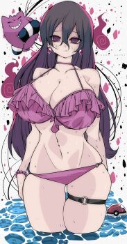 1girl @_@ absurdres bikini black_hair blush bracelet breasts choker cleavage closed_eyes collarbone earrings fire gen_1_pokemon gengar grin hair_between_eyes hex_maniac_(pokemon) hex_maniac_(pokemon_legends:_z-a) highres hitodama huge_breasts innertube jewelry kinakomochi_(user_vedc2333) lace lace-trimmed_swimsuit lace_trim large_breasts long_hair looking_at_viewer lowleg lowleg_bikini mature_female messy_hair navel nintendo o-ring o-ring_bikini parted_lips poke_ball poke_ball_(basic) pokemon pokemon_(creature) pokemon_legends:_z-a purple_bikini purple_eyes purple_hair smile standing swim_ring swimsuit teeth thigh_strap very_long_hair wading water wet white_background