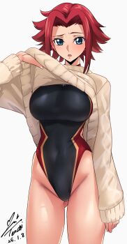 1girl :o absurdres arm_at_side black_one-piece_swimsuit blue_eyes breasts brown_sweater clothes_lift code_geass commentary_request competition_swimsuit covered_navel cowboy_shot dated gluteal_fold groin highleg highleg_one-piece_swimsuit highres kouzuki_kallen large_breasts lifting_own_clothes long_sleeves looking_at_viewer one-piece_swimsuit open_mouth red_hair red_one-piece_swimsuit revision short_hair signature simple_background sleeves_past_wrists solo standing sweater sweater_lift swimsuit white_background yoo_tenchi