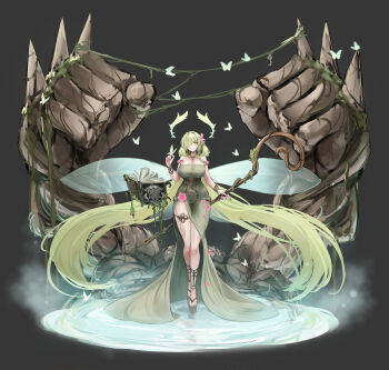 1girl absurdres alternate_costume azur_lane book breasts brunobrun9bruno bug butterfly butterfly_on_hand commission de_zeven_provincien_(azur_lane) dress dress_flower elf floating floating_book floating_object flower full_body green_butterfly green_dress green_eyes green_hair green_theme hair_flower hair_ornament hair_over_one_eye highres holding holding_staff huge_breasts insect looking_at_viewer pink_flower pointy_ears solo staff