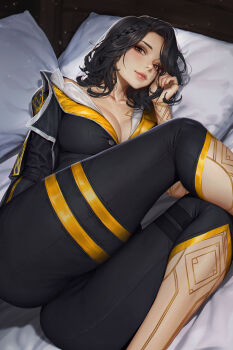 1girl black_hair braid breasts brown_eyes cameltoe clair_obscur:_expedition_33 collarbone eyelashes facial_tattoo freckles gold_tattoo highres lips lune_(clair_obscur:_expedition_33) neoartcore on_bed paid_reward_available patreon_username pillow solo tattoo