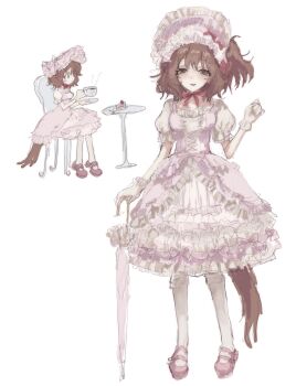 1girl animal_ears aston_machan_(umamusume) blush blush_stickers bonnet bow brown_hair cake cake_slice chair commentary cross-laced_clothes cross-laced_dress cup dress drinking_glass food frilled_bonnet frilled_dress frilled_gloves frilled_skirt frilled_sleeves frills gloves green_eyes highres holding holding_cup holding_plate horse_ears horse_girl horse_tail lolita_fashion medium_hair multiple_views on_chair open_mouth parasol pink_bonnet pink_shoes pink_umbrella plate puffy_short_sleeves puffy_sleeves ribbon shoes short_sleeves side_ponytail sitting skirt socks solo strawberry_shortcake sweet_lolita table tail u_mmst_g umamusume umbrella white_socks
