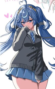 1girl ahoge black_cardigan blue_eyes blue_hair blue_necktie blue_skirt blush breasts cardigan commentary_request covering_own_mouth cowboy_shot hand_up heart highres iuno_(wuthering_waves) laurel_crown long_hair long_sleeves looking_at_viewer medium_breasts multicolored_hair necktie skirt solo streaked_hair thighs twintails uissu white_background wuthering_waves