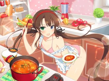 1girl ahoge apple apron armpit_crease ass baguette banana basket bell_pepper bikini black_ribbon blender_(object) blue_eyes blunt_bangs blush bow bowl bread brown_hair collarbone cooking cooking_pot cutting_board flat_chest food frilled_apron frills fruit giving grapes green_eyes groin hair_ribbon hairband heart heterochromia holding holding_bowl holding_food jar kitchen ladle leaf lens_flare heavy_lens_flare light_particles loaf_of_bread long_hair looking_at_viewer low_twintails nearly_naked_apron open_mouth orange_(fruit) oven oven_mitts parsley pink_bikini plant potted_plant red_bow red_hairband ribbon ryoubi_(senran_kagura) senran_kagura senran_kagura_new_link senran_kagura_shinovi_versus shiny_skin smiley_face solo soup soup_ladle sparkle star_(symbol) swimsuit tomato tongue towel twintails vegetable very_long_hair wallpaper_(object) white_apron window yaegashi_nan yellow_pepper