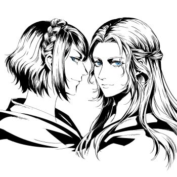 2girls athena_(ff14) blue_eyes braid cropped_torso crown_braid final_fantasy final_fantasy_xiv greyscale half_updo long_hair looking_at_viewer monochrome multiple_girls portrait profile short_hair simple_background smile spot_color venat_(ff14) white_background zmeoow