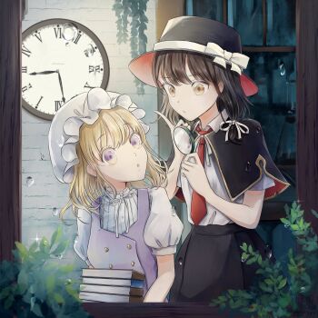 2girls :o absurdres black_capelet black_hat black_skirt blonde_hair book bookshelf bow capelet clock collar commentary dress hair_ribbon hat hat_bow highres holding holding_book indoors leaf looking_at_object maribel_hearn medium_hair mob_cap multicolored_eyes multiple_girls necktie overgrown pizuya&#039;s_cell plant poteimo_(poteimo622) puffy_short_sleeves puffy_sleeves purple_dress purple_eyes red_necktie ribbon shirt shirt_ribbon short_sleeves skirt thinking touhou two-tone_eyes usami_renko vines wall_clock water_drop white_collar white_hat white_ribbon white_shirt yellow_eyes