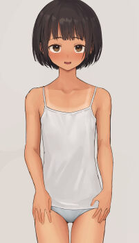 1girl absurdres black_hair blush bob_cut brown_eyes camisole cowboy_shot flat_chest grey_background grey_camisole grey_panties grey_pants highres itsuki_nofuji loli looking_at_viewer no_pants open_mouth original panties pants short_hair simple_background smile solo spaghetti_strap standing straight-on tan tanline tanline_peek underwear variant_set wispy_bangs