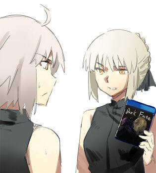 2girls ahoge artoria_pendragon_(fate) bad_id bad_pixiv_id blonde_hair braid closed_mouth club3 dark_souls_(series) dark_souls_i fate/grand_order fate_(series) french_braid grey_hair grin holding jeanne_d'arc_(fate) jeanne_d'arc_(ruler)_(fate) jeanne_d'arc_alter_(avenger)_(fate) jeanne_d'arc_alter_(fate) looking_at_another multiple_girls parody parted_lips saber_alter shirt sidelocks simple_background sleeveless sleeveless_shirt smile sweatdrop title_parody upper_body white_background yellow_eyes