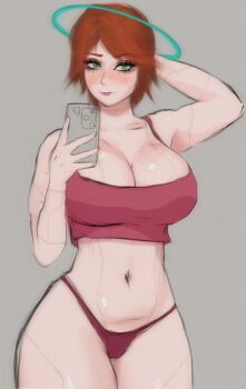 1girl android aqua_halo arm_behind_head blush breasts brown_hair cellphone cleavage commentary cowboy_shot crop_top curvy english_commentary green_eyes grey_background halo highres holding holding_phone large_breasts looking_at_viewer navel original panties parted_bangs phone pink_tank_top red_panties selfie short_hair simple_background smartphone solo stomach sweetie_doll tank_top thighs underwear