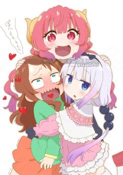 3girls aqua_shirt artist_name blue_bow blue_eyes blue_hairband bohegao bow bow_hairband brown_hair capelet cardigan child curled_horns demon_girl demon_horns fang flower gradient_hair group_hug hair_bobbles hair_bow hair_flower hair_ornament hairband horns hug ilulu_(maidragon) kanna_kamui kobayashi-san_chi_no_maidragon long_hair looking_at_viewer low_twintails multicolored_hair multiple_girls open_mouth orange_skirt pink_cardigan pink_eyes pink_hair pointy_ears purple_hair saikawa_riko shirt skirt smile tabayan_jigokuhen thighhighs twintails two-tone_hair very_long_hair watermark white_background white_capelet white_hair white_skirt white_thighhighs yellow_horns