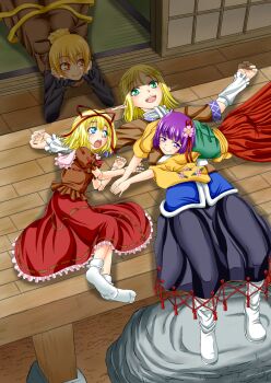 Rule 34 | 4girls, arm warmers, black shirt, black skirt, blonde hair, blush, boots, bow, brown bow, brown dress, brown shirt, closed mouth, commentary request, dress, flower, frilled skirt, frills, full body, green eyes, green vest, hair bow, hair flower, hair ornament, hair ribbon, hakama, hakama skirt, hieda no akyuu, japanese clothes, kurodani yamame, long sleeves, looking at viewer, lying, medicine melancholy, mizuhashi parsee, multiple girls, on back, on stomach, open mouth, orange eyes, outdoors, pink flower, pointy ears, porch, purple eyes, purple hair, red ribbon, red skirt, reitaisai, ribbon, ribbon-trimmed skirt, ribbon trim, shiba meiji, shirt, short hair, short sleeves, shouji, skirt, sliding doors, smile, socks, tatami, textless version, touhou, vest, white boots, white socks, yellow shirt