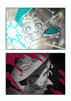 2boys apple bags_under_eyes blood blood_splatter blue_eyes circle_facial_mark closed_mouth commentary dual_persona film_grain food frown fruit half-closed_eyes hanpanee_memi happy hat hazbin_hotel hellaverse highres lucifer_morningstar_(hazbin_hotel) male_focus marking_on_cheek multiple_boys open_mouth short_hair smile snake spot_color top_hat wide-eyed wings