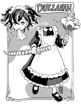 1girl apron artist_name collared_dress disembodied_head dress dullahan duster english_text feather_duster floating_head frilled_apron frilled_dress frills full_body grey_background greyscale hair_between_eyes hair_ribbon hands_up high_contrast highres holding long_sleeves looking_at_viewer maid maid_headdress mary_janes monochrome monster_girl mouth_hold napkin original puffy_long_sleeves puffy_sleeves rem_(tsulala) ribbon shoes short_twintails solo spine suction_cups tentacle_hair twintails two-tone_background walking white_background