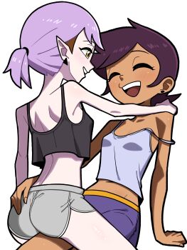 2girls absurdres amity_blight ass breasts brown_hair camisole cleavage couple crop_top dark-skinned_female dark_skin dolphin_shorts happy highres luz_noceda midriff multiple_girls n_k_m pointy_ears ponytail purple_hair short_ponytail short_shorts shorts simple_background sitting sitting_on_lap sitting_on_person small_breasts strap_slip tank_top teeth the_owl_house thighs upper_teeth_only yuri