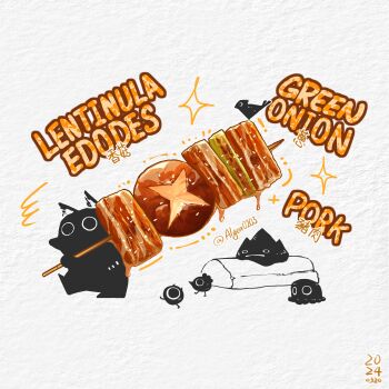 Rule 34 | absurdres, algenartwork, bird, commentary, creature, dated, english commentary, english text, food, food focus, highres, holding, holding skewer, mushroom, no humans, on food, onion, original, paper texture, pork, shiitake, shish kebab, skewer, sparkle, white background