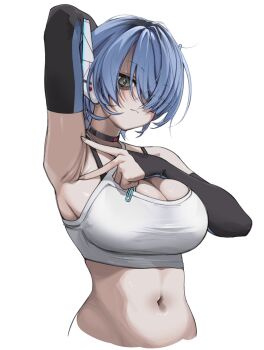1girl absurdres arm_behind_head arm_up armpit_focus armpits blue_hair breasts choker cleavage covered_eyes crop_top glitch_stars hair_between_eyes hair_over_eyes hashtag-only_commentary headgear highres large_breasts limina_alteri looking_at_viewer presenting_armpit short_hair simple_background solo spread_armpit strideytidey virtual_youtuber
