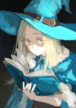 Rule 34 | 1girl, absurdres, aqua cape, aqua hat, aqua ribbon, belt buckle, blonde hair, book, buckle, cape, collared shirt, colored eyelashes, commentary request, flipped hair, fur-trimmed cape, fur trim, gakuen idolmaster, hat, hat belt, highres, holding, holding book, idolmaster, k6tetsu, long hair, looking to the side, neck ribbon, orange eyes, parted lips, ribbon, shade, shinosawa hiro, shirt, solo, swept bangs, upper body, white shirt, witch hat