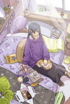 1girl alarm_clock animal animal_on_lap bed_sheet bedroom bento black_hair black_skirt blanket book boots brown_footwear cable_knit cat cat_on_lap clock closed_mouth collared_shirt cosmetics cup curtains food fork fringe_trim from_above highres hot_chocolate indoors long_hair long_skirt long_sleeves looking_at_another marshmallow matsumine_(twin-mix) mirror mug nail_polish_bottle nightstand on_bed on_lap original pastry_box pillow plant potted_plant purple_eyes purple_sweater shelf shirt sitting skirt slice_of_life slippers smile solo straight_hair sweater tray unworn_slippers white_shirt window