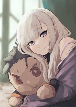 1boy 1girl bare_shoulders black_hair braid character_doll closed_mouth commentary_request crown_braid doll elf emilia_(re:zero) hair_ribbon hair_slicked_back highres hugging_doll hugging_object indoors jacket kotarou_(kotakota_ee) long_hair long_sleeves looking_at_viewer natsuki_subaru off_shoulder pointy_ears purple_eyes purple_ribbon re:zero_kara_hajimeru_isekai_seikatsu ribbon short_hair smile solo track_jacket white_hair
