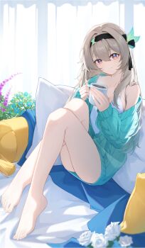 Rule 34 | 1girl, absurdres, alternate costume, barefoot, black hairband, blue pupils, camisole, cardigan, closed mouth, cup, curtains, firefly (honkai: star rail), green cardigan, grey hair, hairband, highres, holding, holding cup, honkai: star rail, honkai (series), indoors, knees up, long hair, looking at viewer, mug, on bed, pillow, purple eyes, qi di xiong, reclining, solo, white camisole