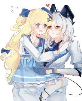 2girls absurdres black_gloves black_horns black_shirt black_tail blonde_hair blue_eyes blue_necktie blue_skirt blush collared_shirt commentary curled_horns demon_tail english_commentary flying_sweatdrops gloves hair_between_eyes hair_ornament hand_on_another&#039;s_shoulder heart highres horns jacket lawson long_hair looking_at_another mikori multiple_girls necktie open_mouth phoebe_(wuthering_waves) red_eyes shirt simple_background sitting sitting_on_lap sitting_on_person skirt tail tail_around_another&#039;s_leg tail_wrap very_long_hair white_background white_jacket wuthering_waves x_hair_ornament zani_(wuthering_waves)